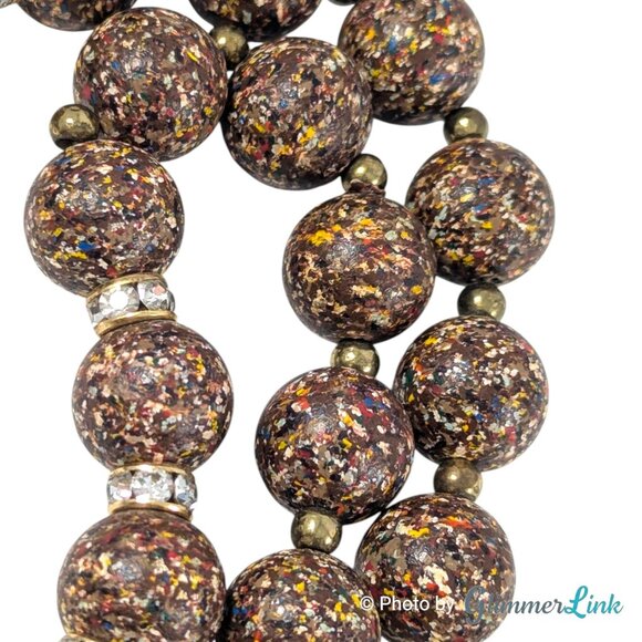 Vintage Brown Confetti Beaded Necklace with Rhinestone Rondelles 1950s - Picture 7 of 12